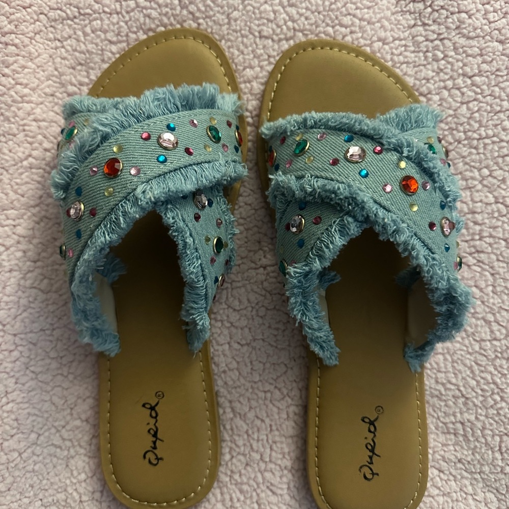 Qupid Light Blue Frayed Sandals with Colorful Gems